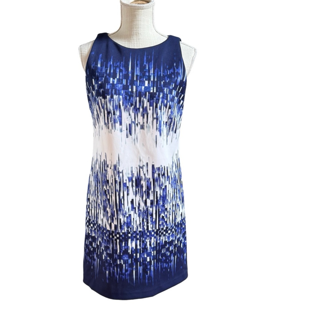 Vince Camuto Womens Blue and White Geometric Print Sheath Midi Dress Size 4